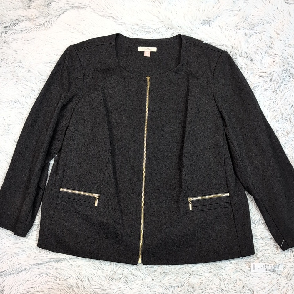Roz & Ali Jacket Womens 1X Black Zip Up Coat Lightweight Preppy Comfort New